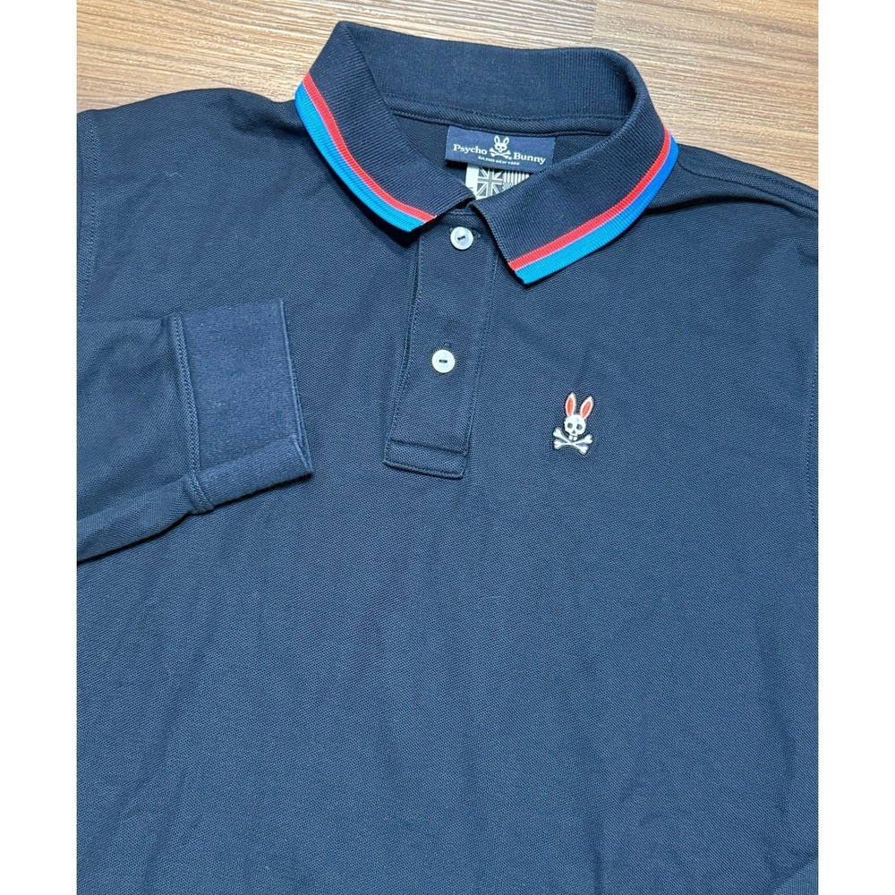 Psycho Bunny Mens Long Sleeve Polo Shirt Navy Blue Pima Cotton Size 5/ Large
